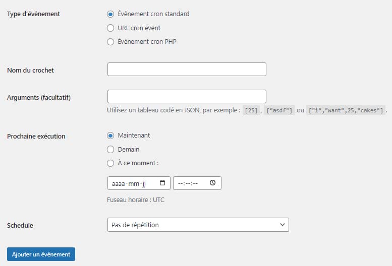 Fenêtre de configuration d'un événement sur WP Crontrol