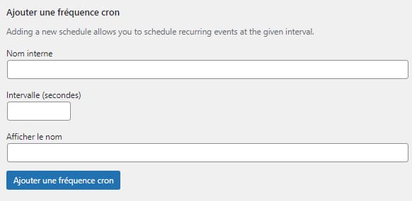 Fenêtre de configuration d'un fréquence d'exécution d'une tâche sur WP Crontrol 