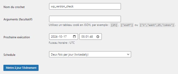 Fenêtre de configuration des paramètres d'une tâche cron sur WP Crontrol