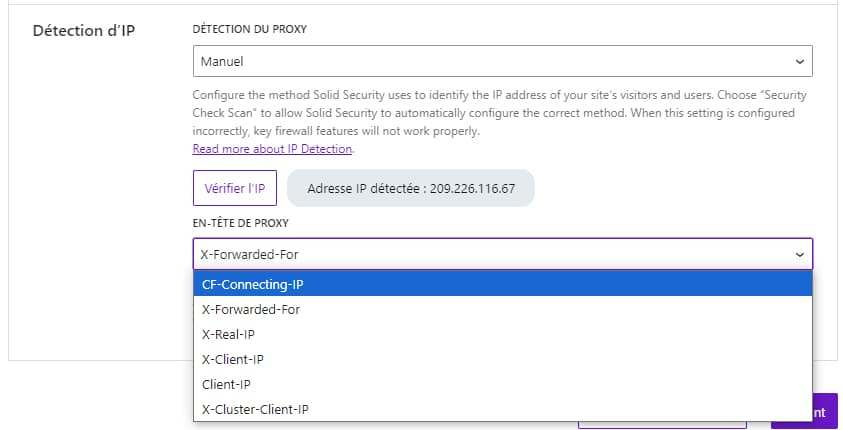 La configuration de la détection des proxy de Cloudflare par le plugin.