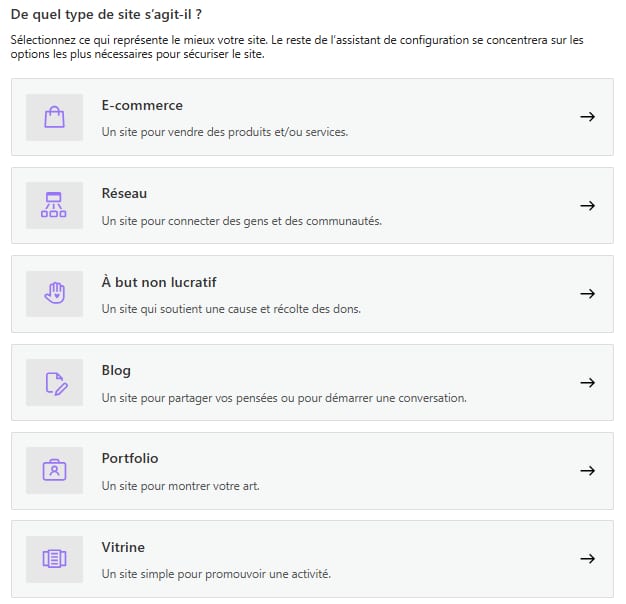Le plugin vous demande quel type de site web que vous désirez créer.