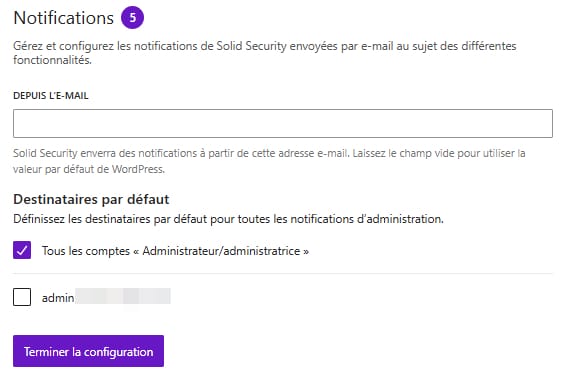 La configuration des notifications de Solid Security.