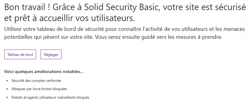 Le plugin envoi un message de félicitation quand la configuration est complétée avec succès.