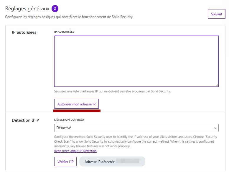 Les options de gestion des IP du plugin Solid Security