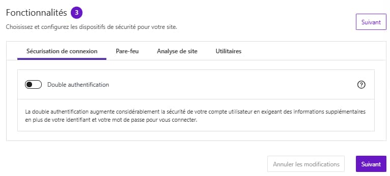 La configuration des fonctionnalités du plugin Solid Security