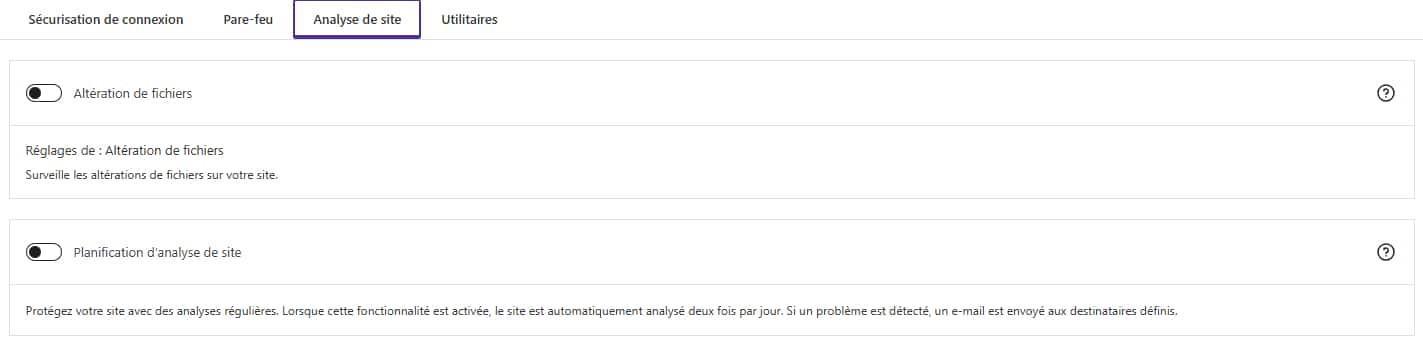 Les réglage avancés d'analyse du site disponible sur la version gratuite du plugin