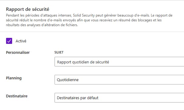 La configuration des rapports de sécurité du plugin