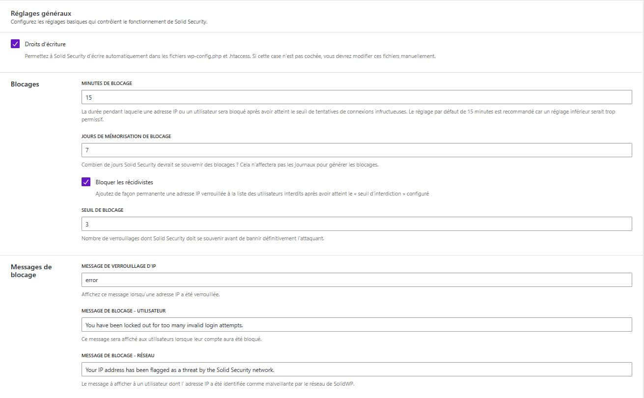 Les réglages de blocages d'IP du plugin Solid Security