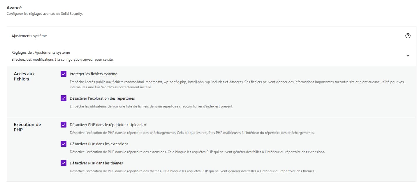 Les réglages avancés de Solid Security.