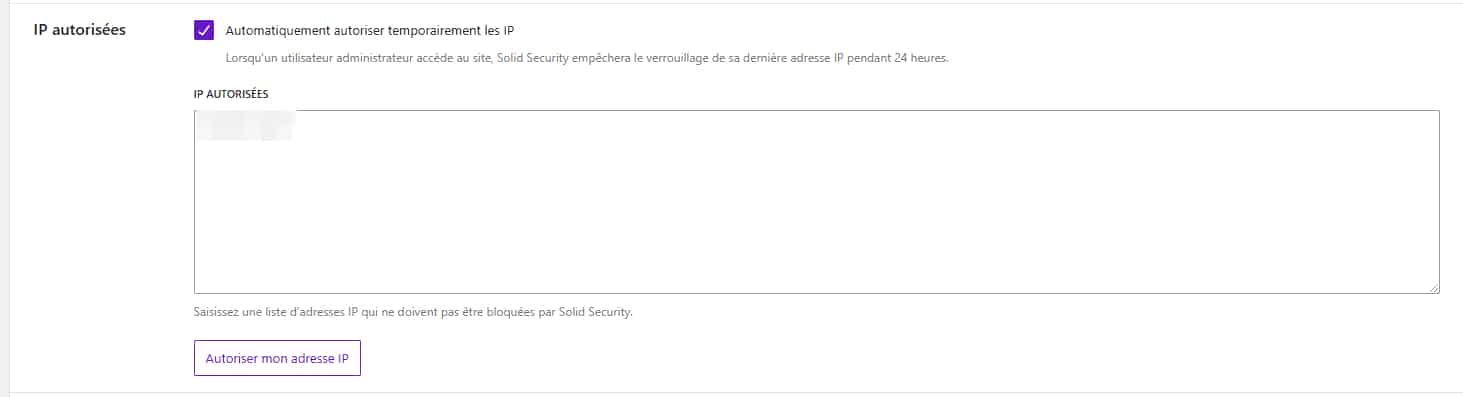 Les réglages d'autorisations IP du plugin WordPress Solid Security