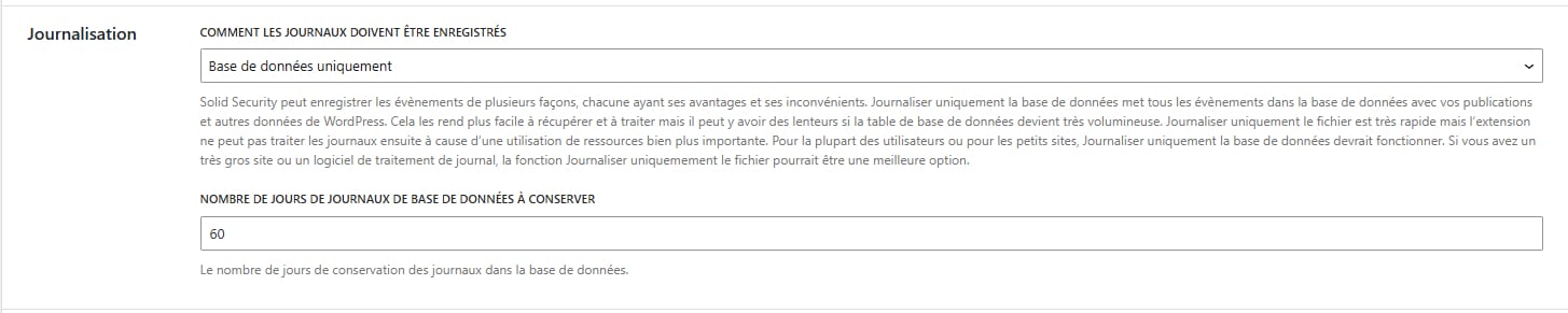 Réglages de journalisation des données par le plugin.