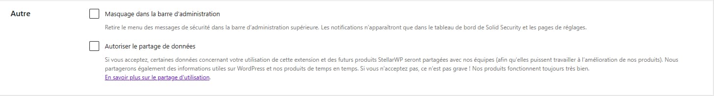 Les autres réglages généraux du plugins Solid Security