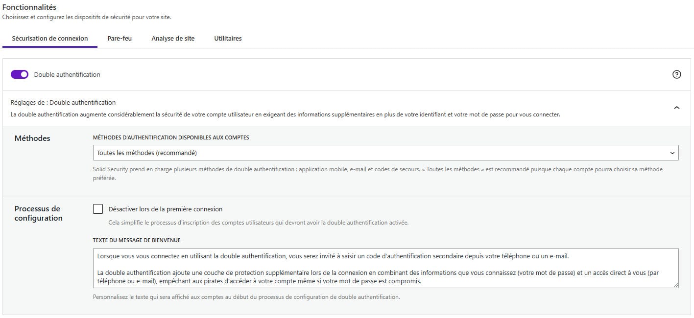 Les options de sécurisation de la connexion disponibles