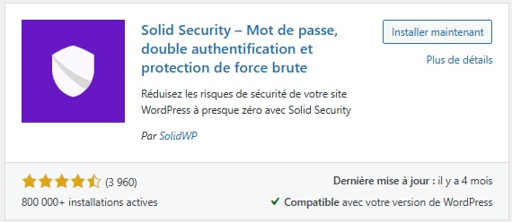 Le plugin WordPress Solid Security tel qu'il apparait dans le répertoire officiel.